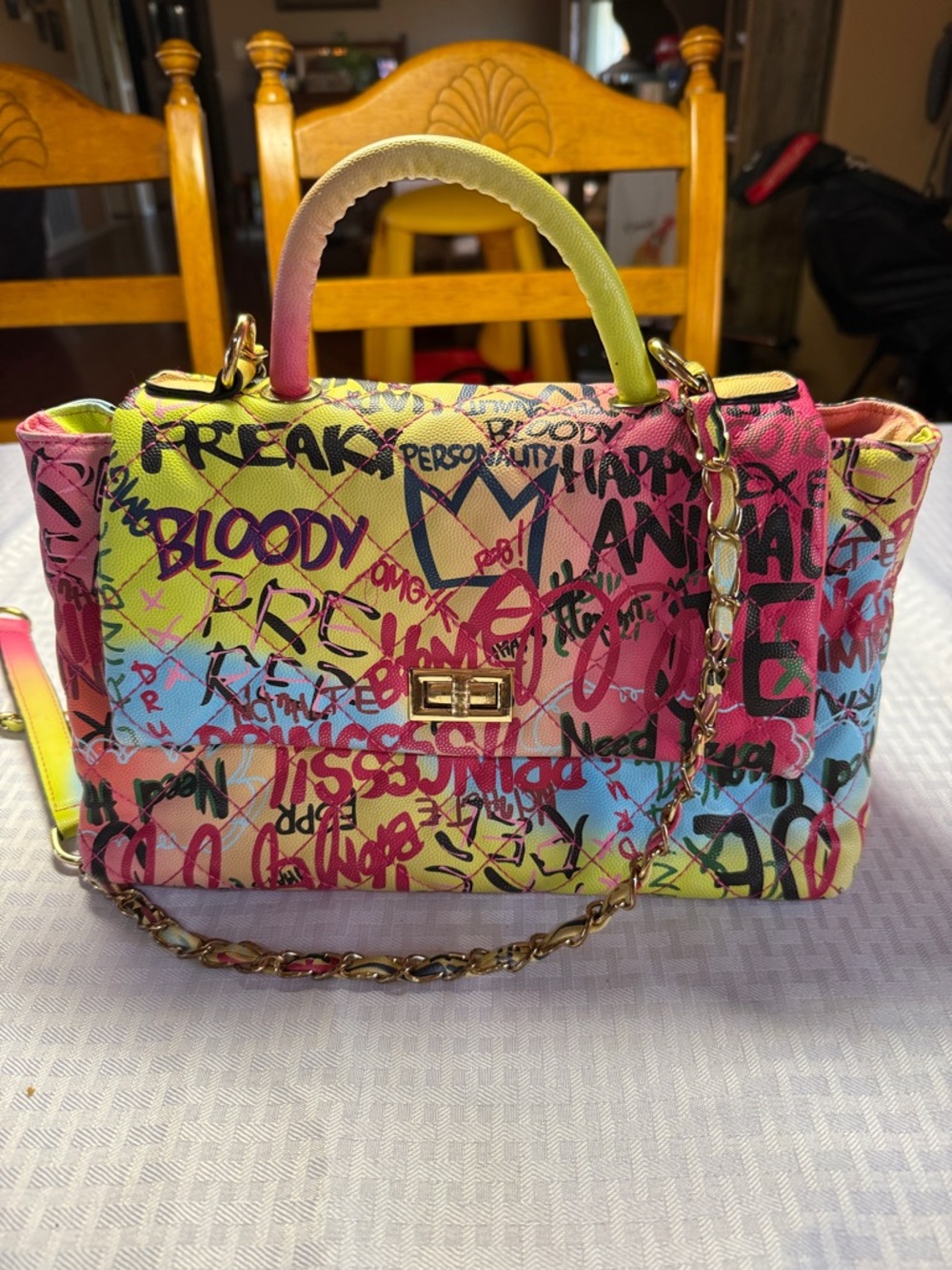 Graffiti Print Multicolor Top-Handle Shoulder Bag